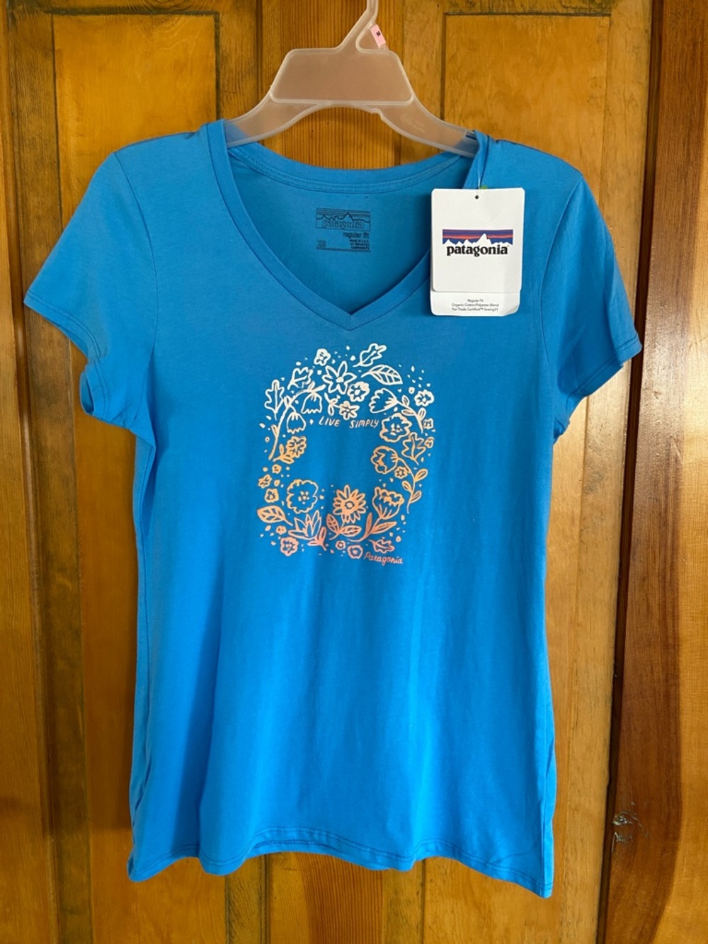 Patagonia Women's Bright Blue V-Neck Floral Graphic Tee